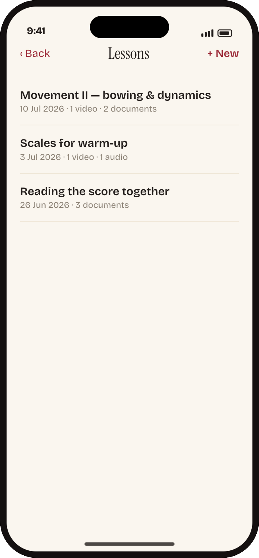 A lesson in TempoTutor with notes and attached materials.